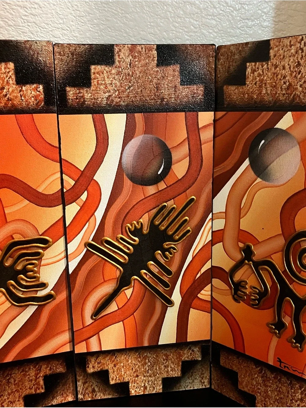 Original Peruvian Triptych Artist Signed Orange/Black/Gold Paint on Canvas 7x21